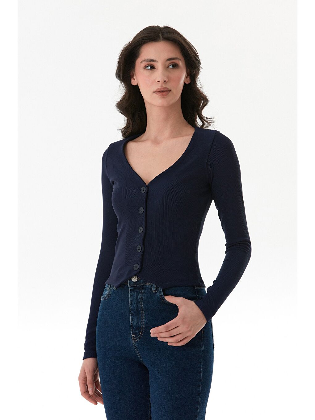 Lacivert Düğmeli V Yaka Fitilli Hırka
