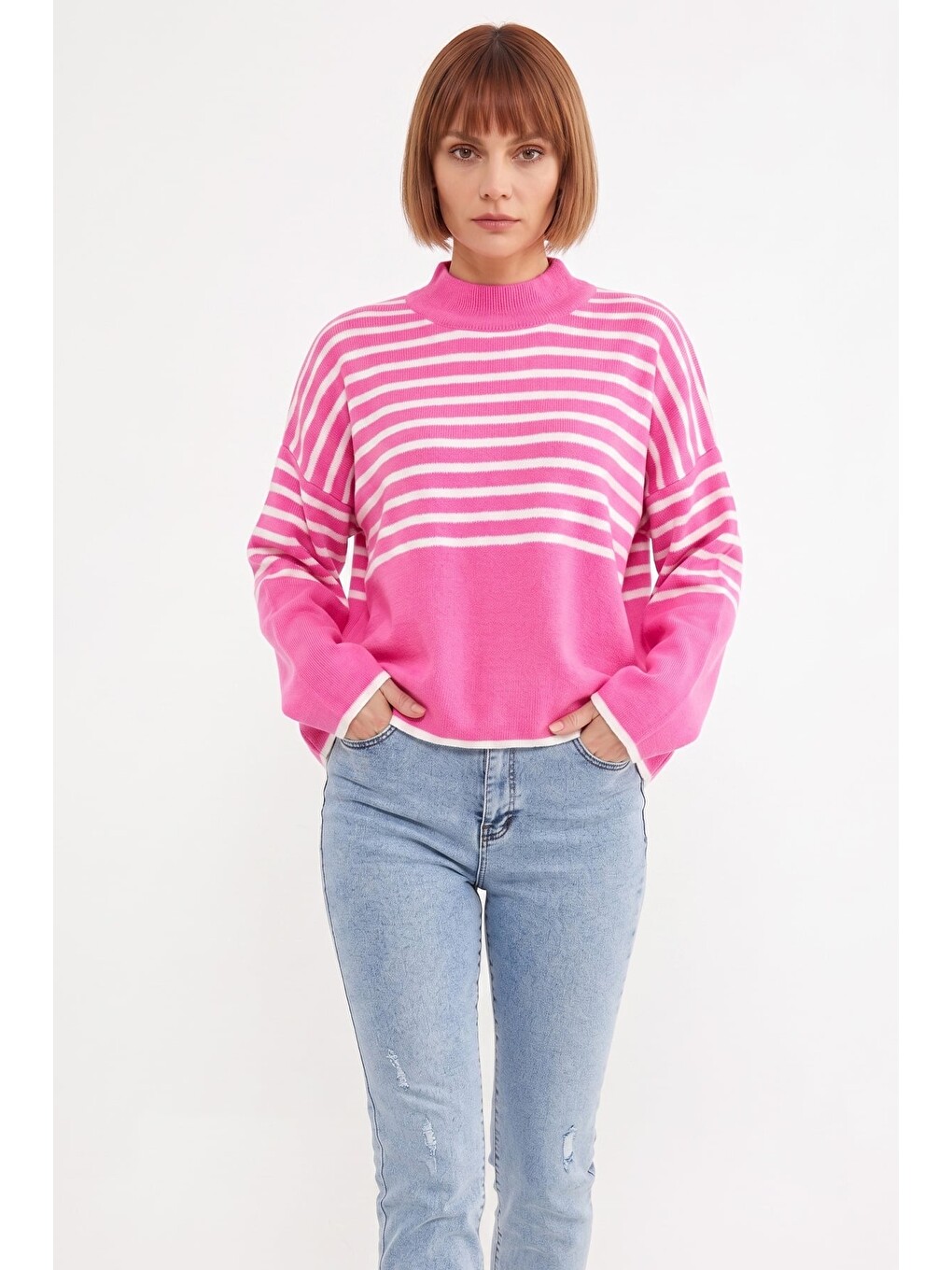 Pembe Çizgili Oversize Triko Kazak-1