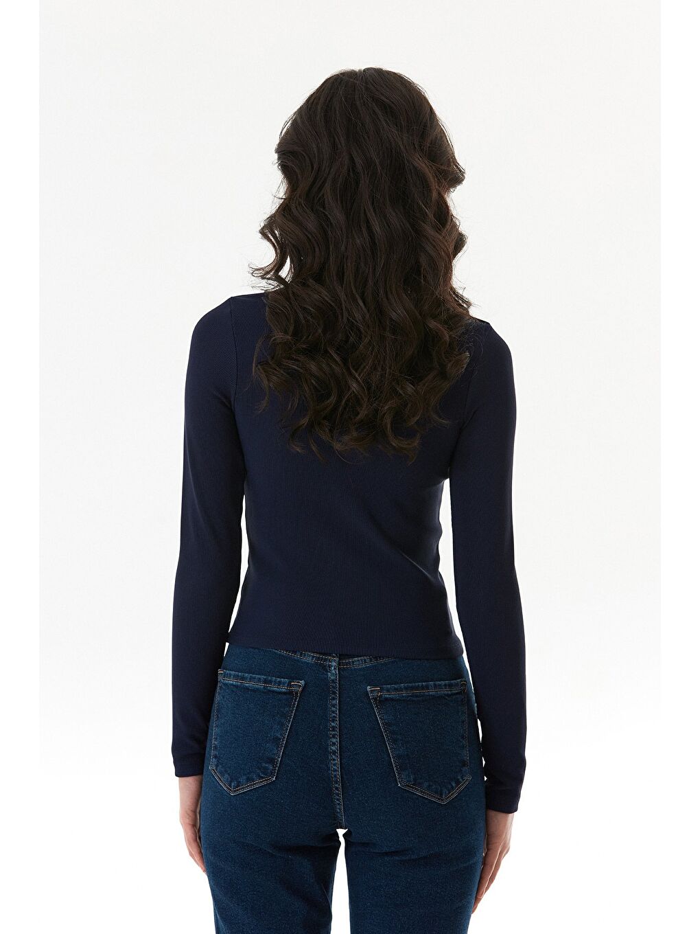 Lacivert Düğmeli V Yaka Fitilli Hırka-2