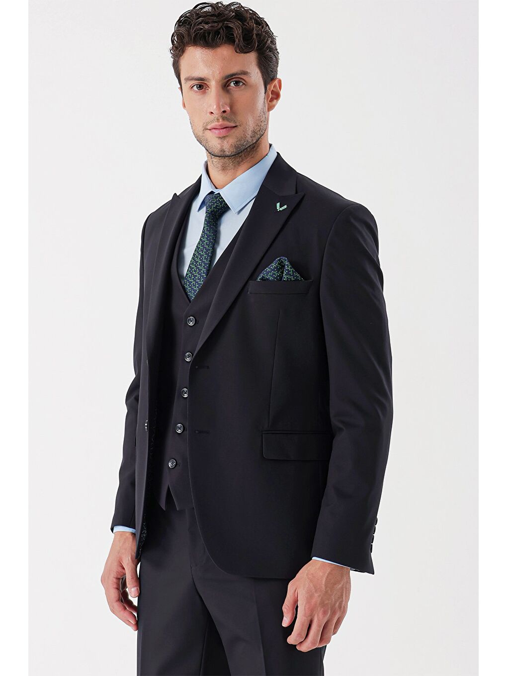 Koyu Lacivert Armürlü Kırlangıç Yaka Yelekli Elastanlı 6 Drop Slim Fit Takım Elbise 1001235154