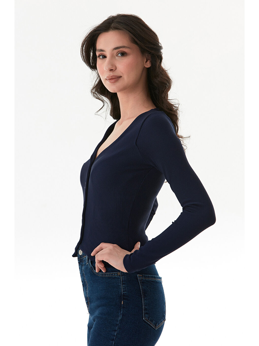 Lacivert Düğmeli V Yaka Fitilli Hırka-3