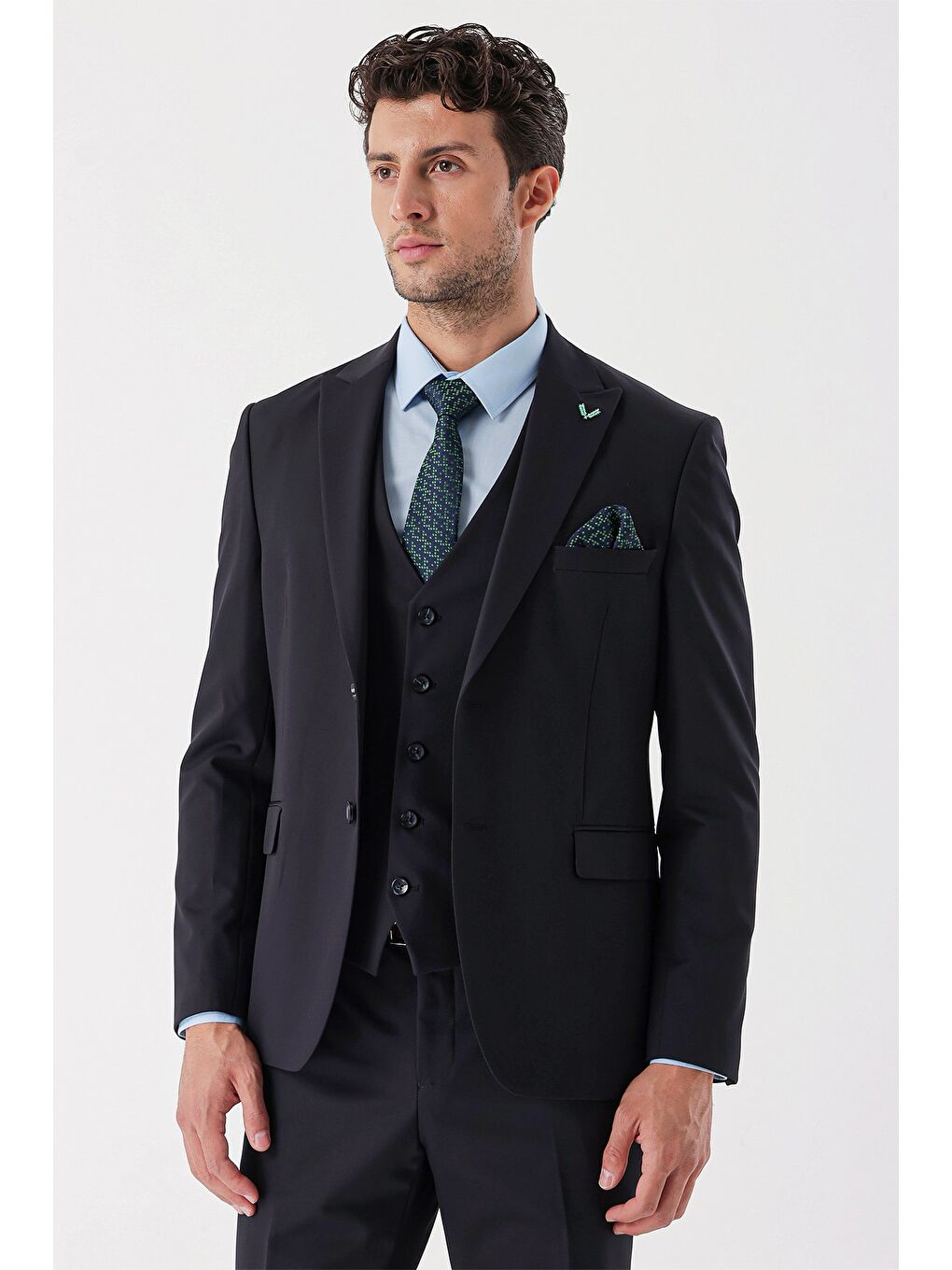 Koyu Lacivert Armürlü Kırlangıç Yaka Yelekli Elastanlı 6 Drop Slim Fit Takım Elbise 1001235154-1