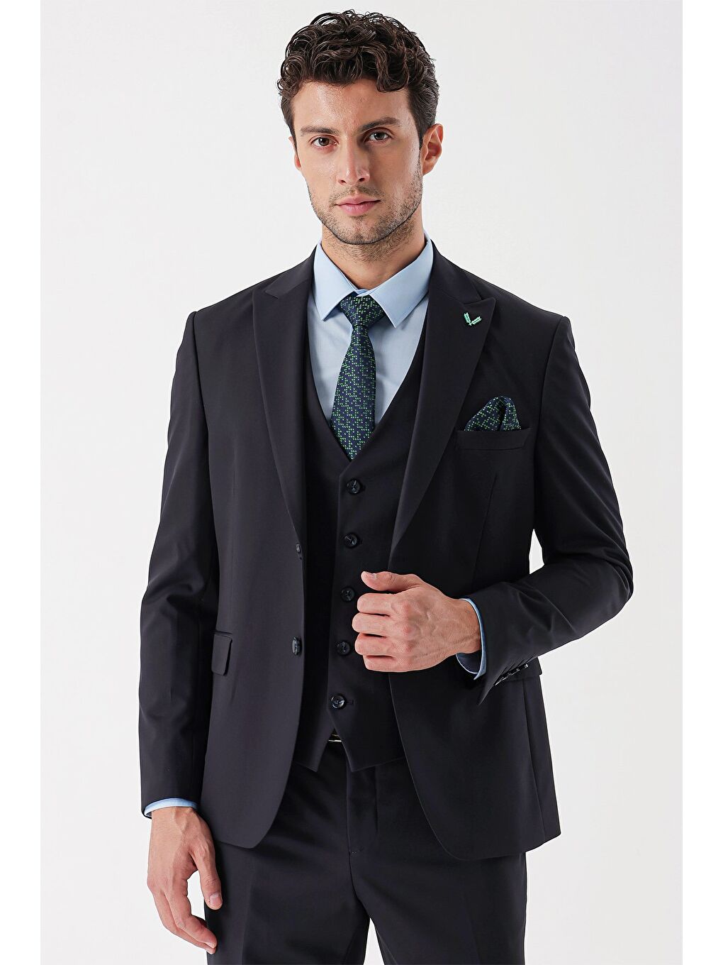 Koyu Lacivert Armürlü Kırlangıç Yaka Yelekli Elastanlı 6 Drop Slim Fit Takım Elbise 1001235154-2