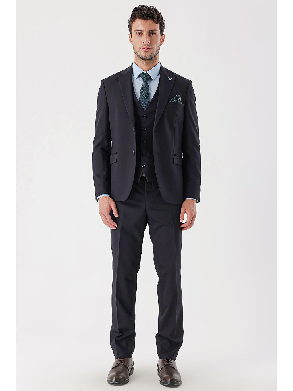 Koyu Lacivert Armürlü Kırlangıç Yaka Yelekli Elastanlı 6 Drop Slim Fit Takım Elbise 1001235154-3