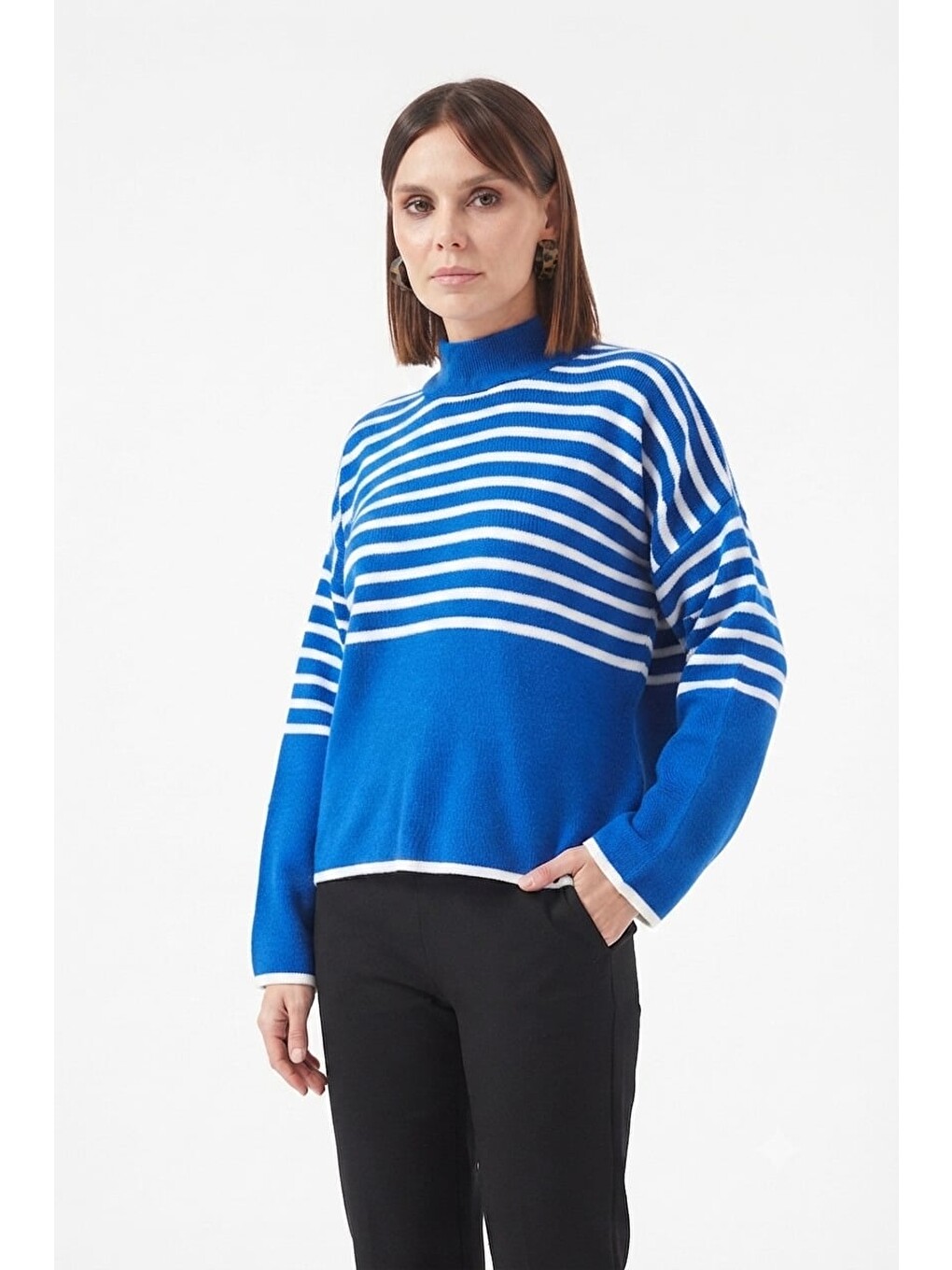 Mavi Çizgili Oversize Triko Kazak