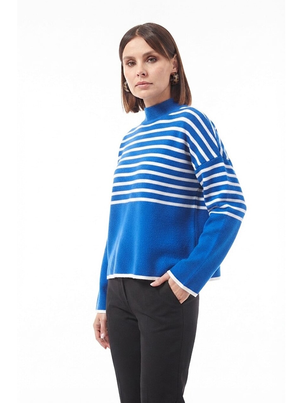 Mavi Çizgili Oversize Triko Kazak-1