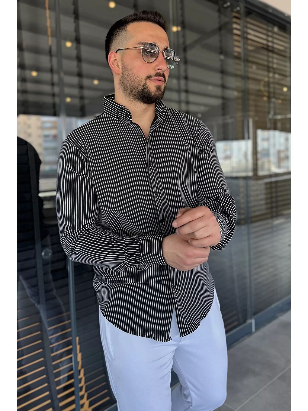 Siyah Çizgi Desenli Erkek Uzun Kol Gömlek-1