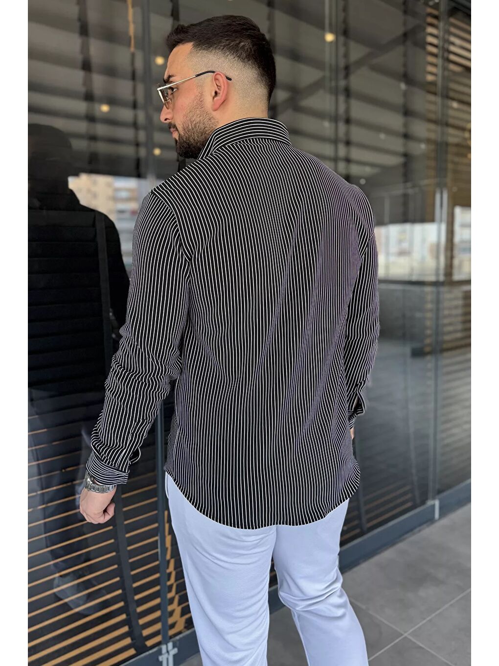 Siyah Çizgi Desenli Erkek Uzun Kol Gömlek-2