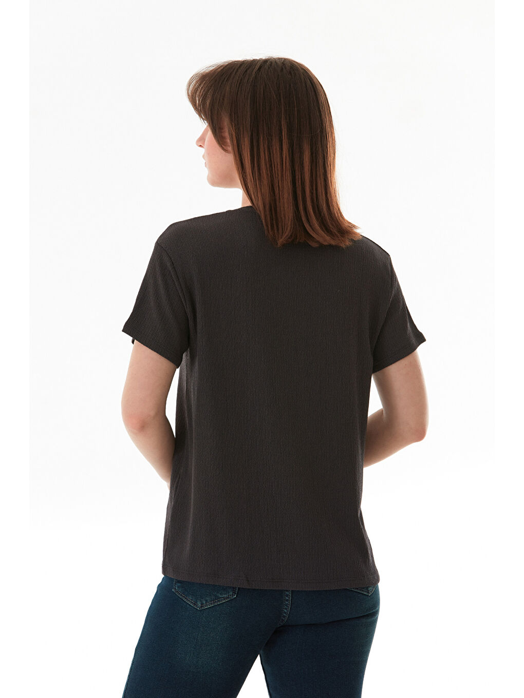 Antrasit Kalp Nakışlı Bürümcük Kumaş Tişört-2