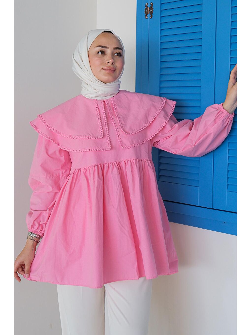 Çift Yaka Gupurlu Gömlek Pembe-1