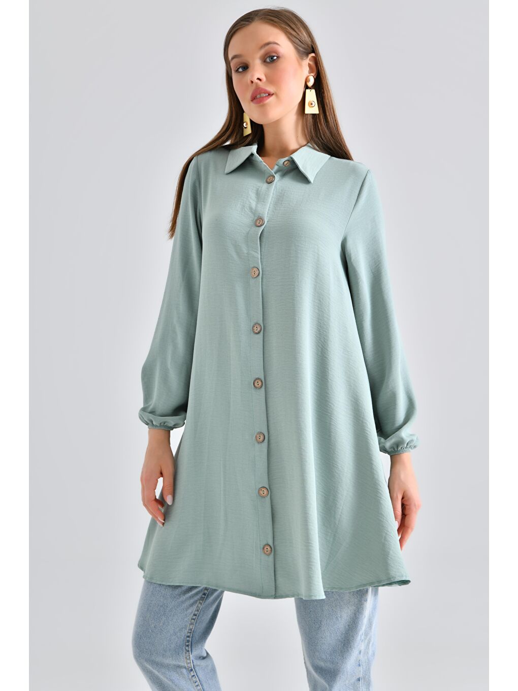 Yeşil Mint Kadın Gömlek Yaka Ahşap Düğmeli Kolağzı Lastikli Aerobin Dokuma Tunik - Regular Fit-2