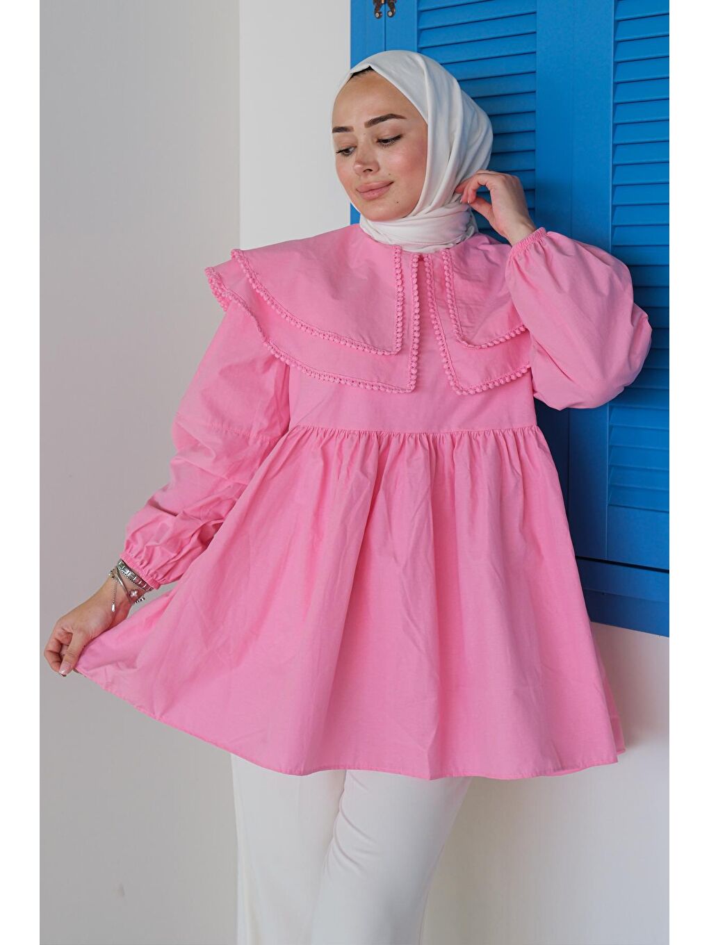 Çift Yaka Gupurlu Gömlek Pembe-2