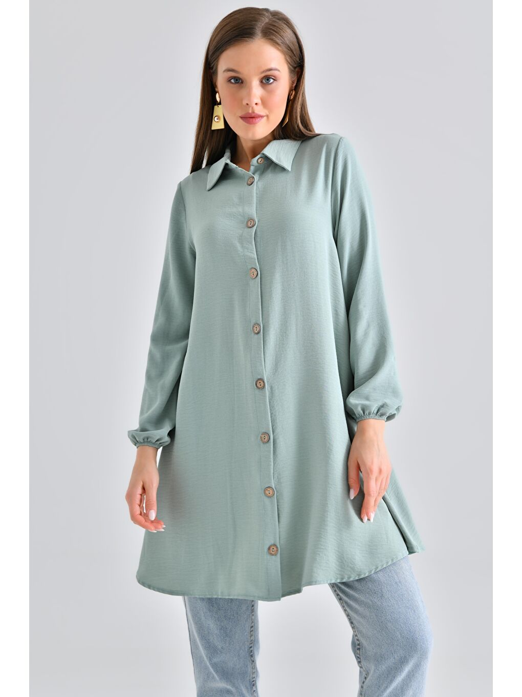 Yeşil Mint Kadın Gömlek Yaka Ahşap Düğmeli Kolağzı Lastikli Aerobin Dokuma Tunik - Regular Fit-3