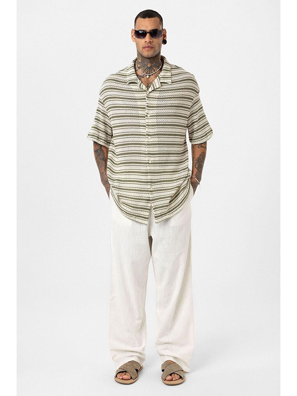 Oversize Çizgili Triko Gömlek Haki
