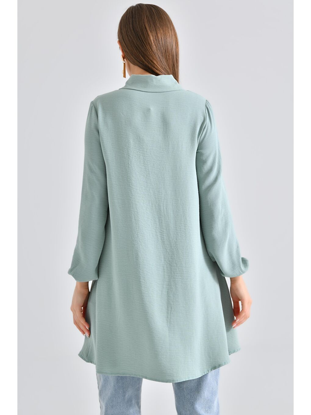 Yeşil Mint Kadın Gömlek Yaka Ahşap Düğmeli Kolağzı Lastikli Aerobin Dokuma Tunik - Regular Fit-4