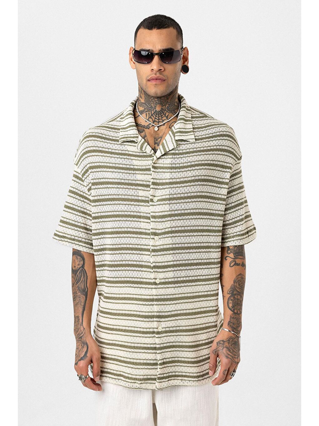 Oversize Çizgili Triko Gömlek Haki-1