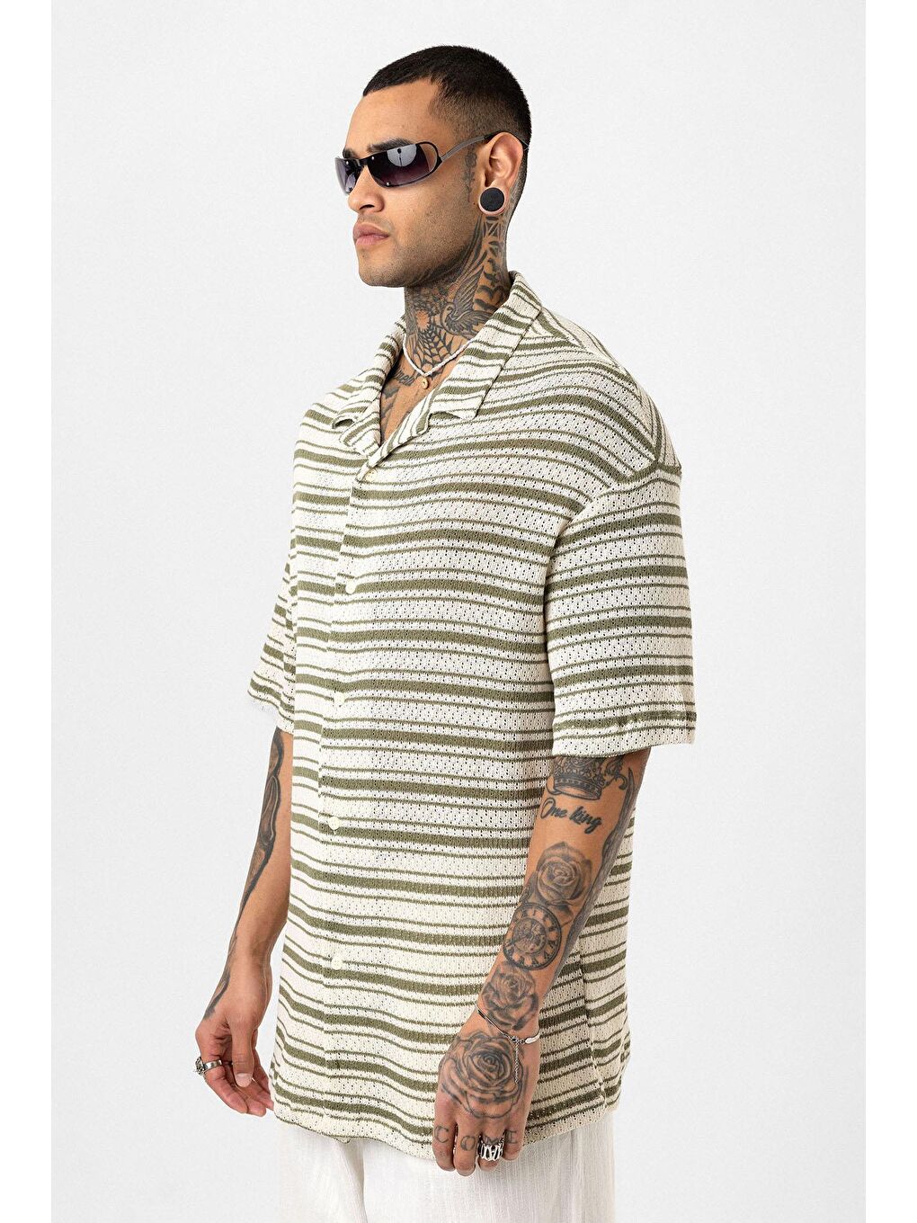 Oversize Çizgili Triko Gömlek Haki-3