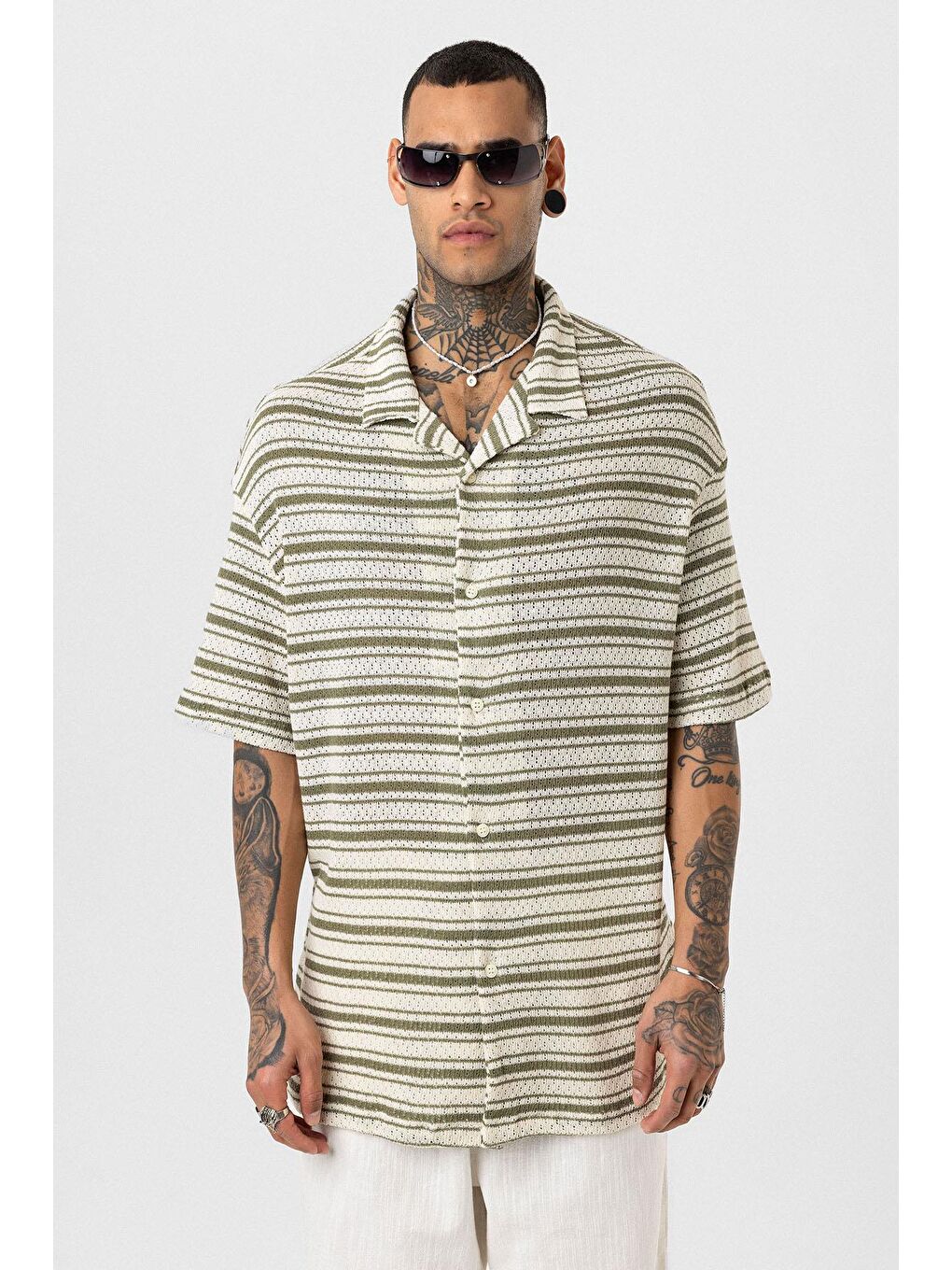 Oversize Çizgili Triko Gömlek Haki-4