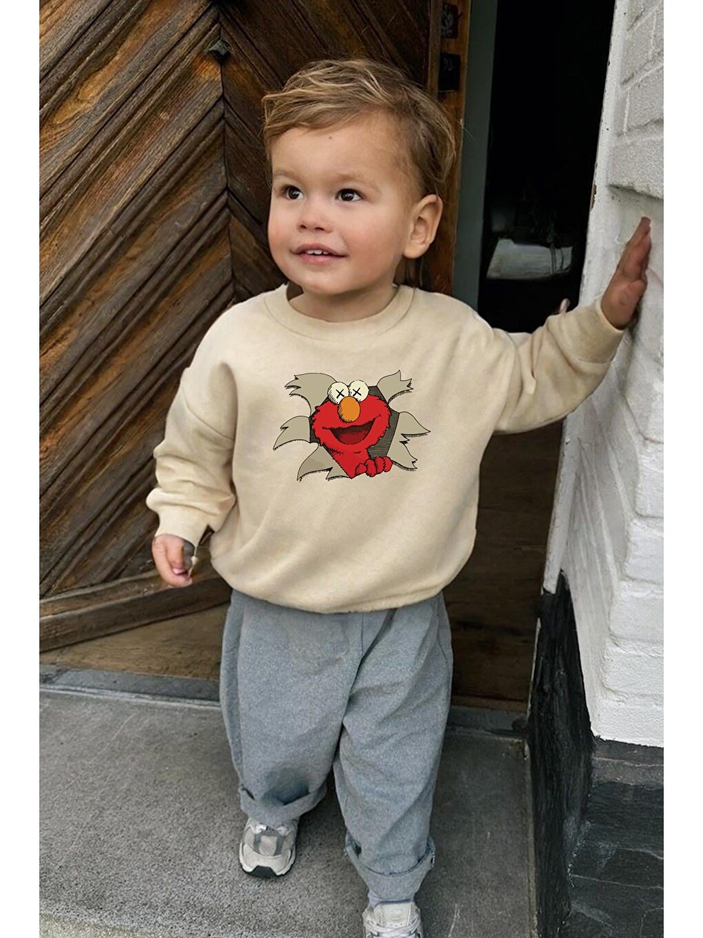 Bej Erkek Çocuk Kurabiye Canavarı Baskılı 3 İplik Pamuklu Sweatshirt