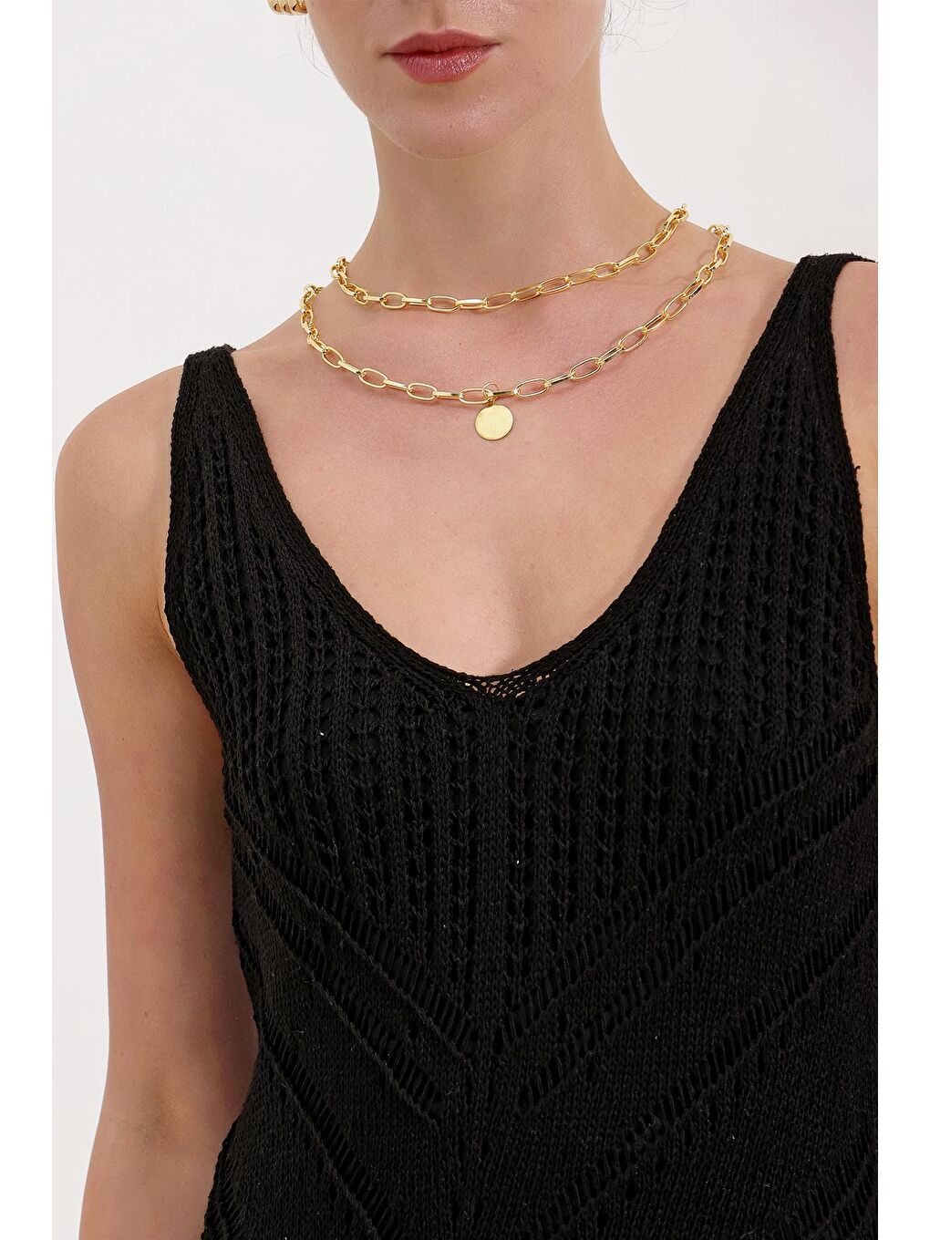 15864 Ajurlu Askılı Triko Elbise - Siyah-2