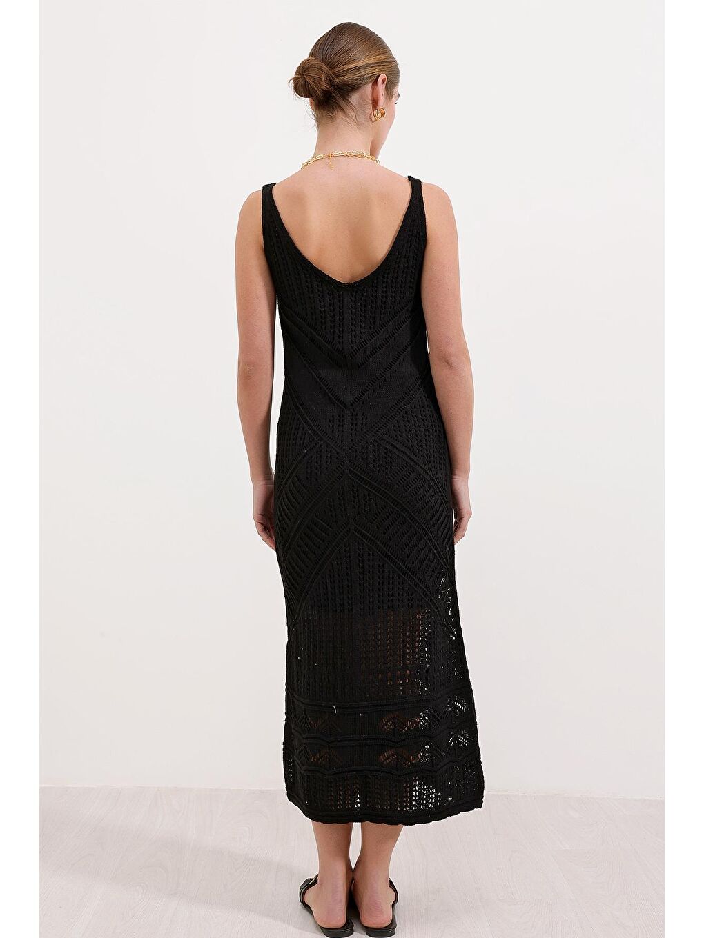 15864 Ajurlu Askılı Triko Elbise - Siyah-3