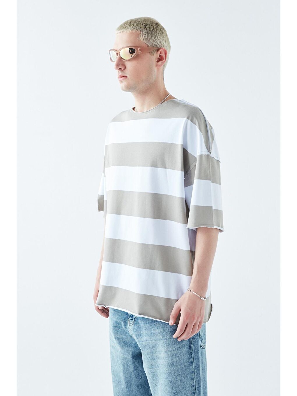 Dijital Baskılı Şeritli %100 Pamuk Oversize Tişört Haki-1