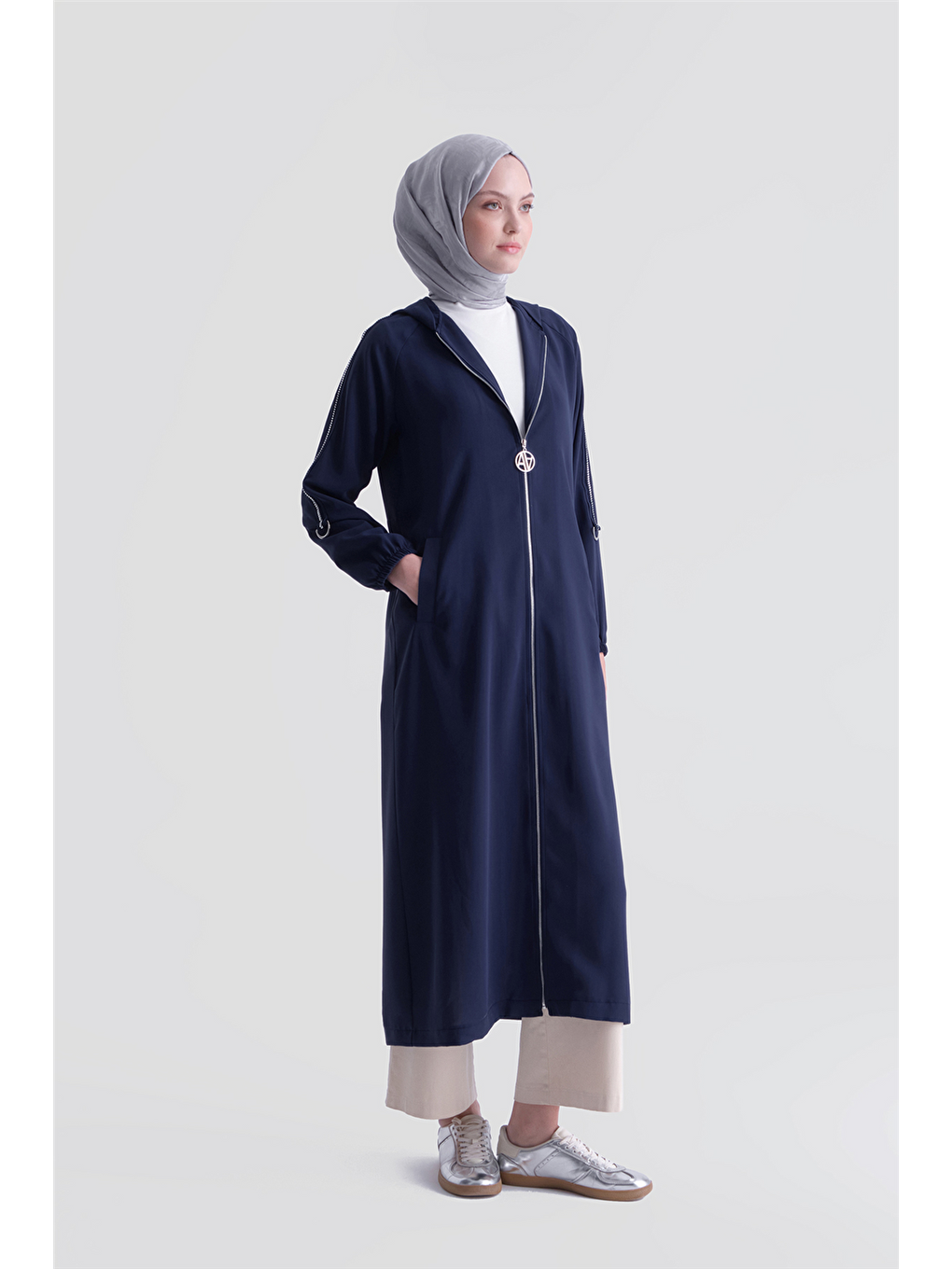 Simli Şeritli Pardesü Lacivert-1