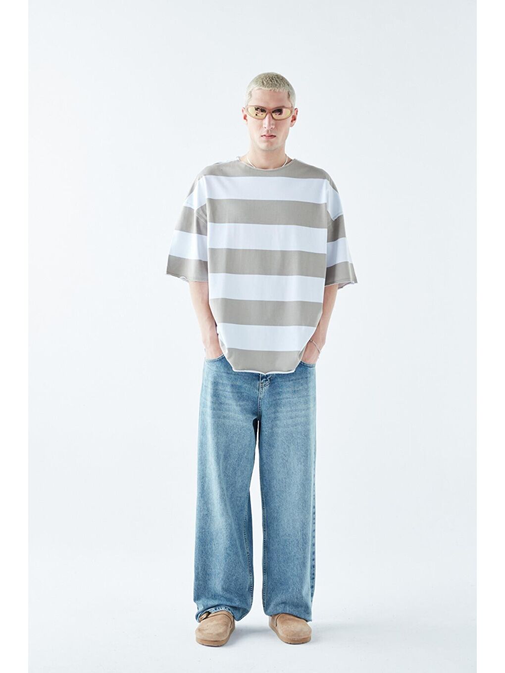 Dijital Baskılı Şeritli %100 Pamuk Oversize Tişört Haki-2