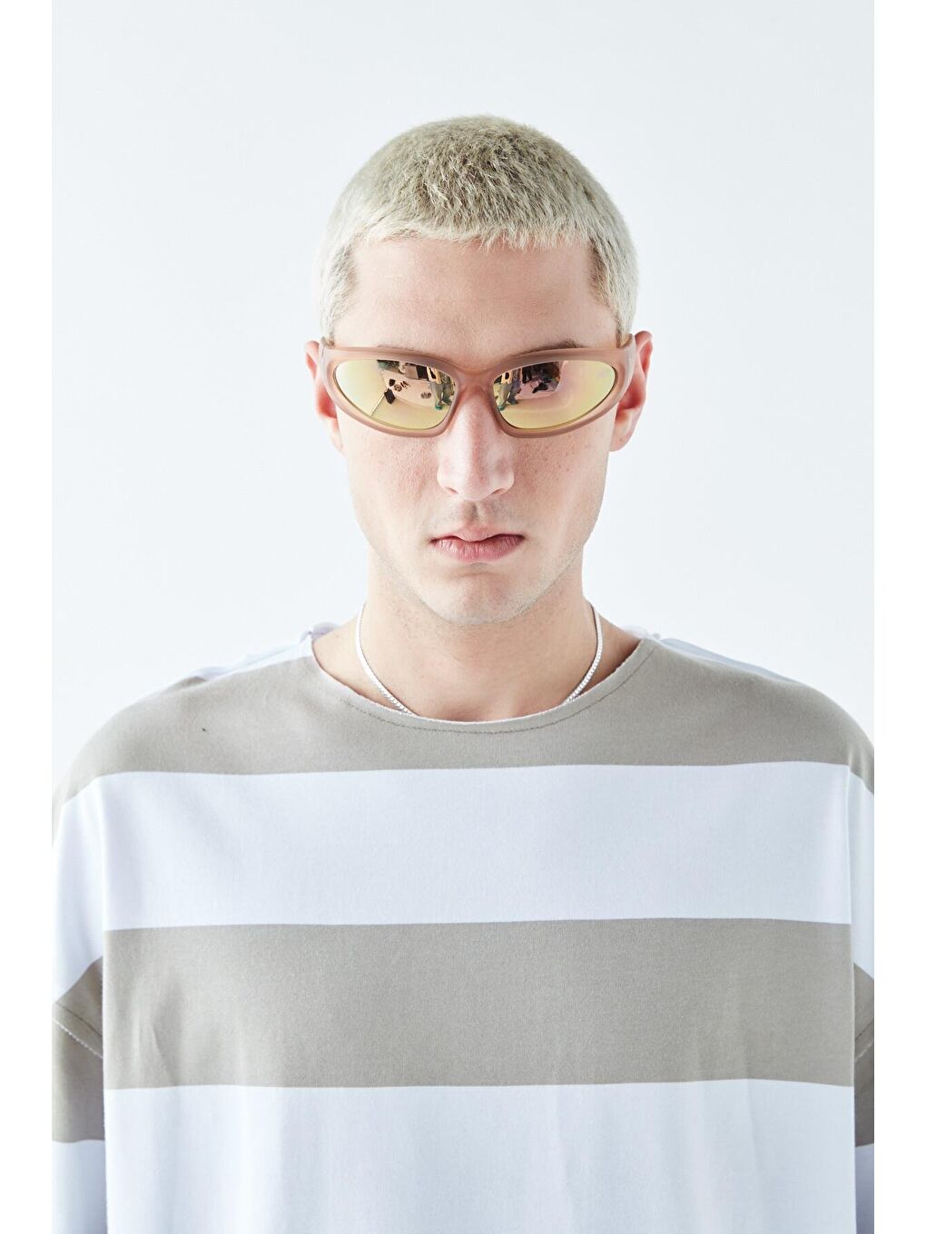 Dijital Baskılı Şeritli %100 Pamuk Oversize Tişört Haki-4