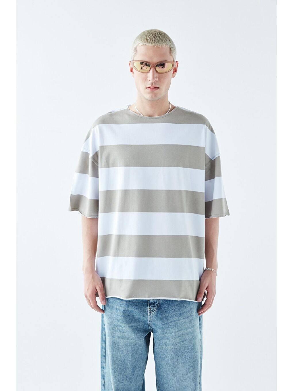 Dijital Baskılı Şeritli %100 Pamuk Oversize Tişört Haki-5