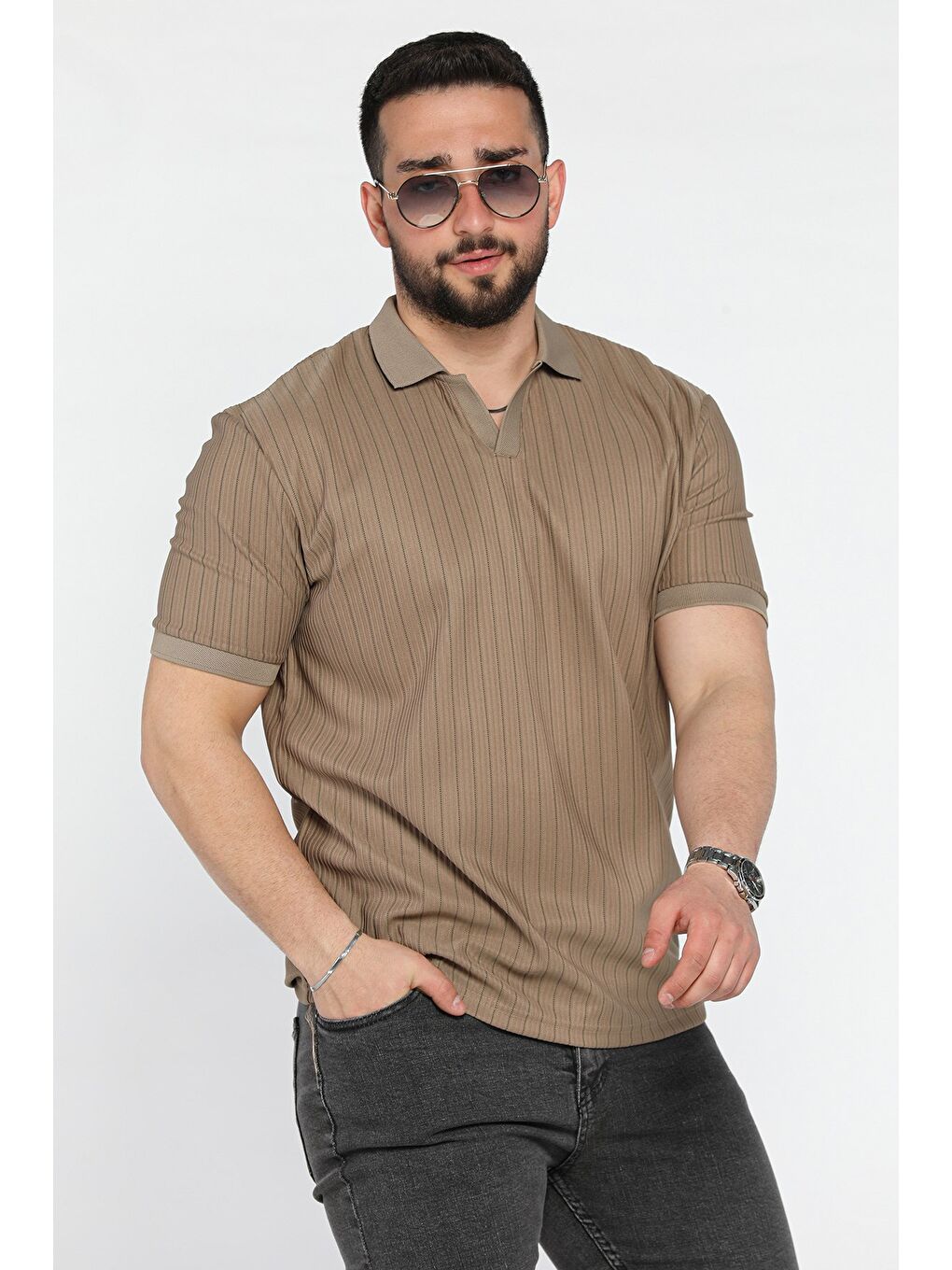 Bej Polo Yaka Jakarlı Erkek Tişört-1