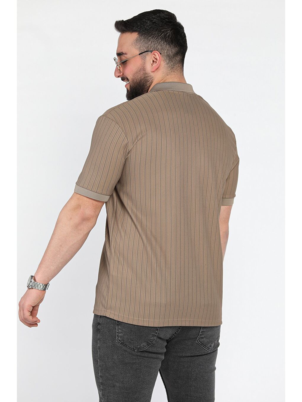 Bej Polo Yaka Jakarlı Erkek Tişört-2