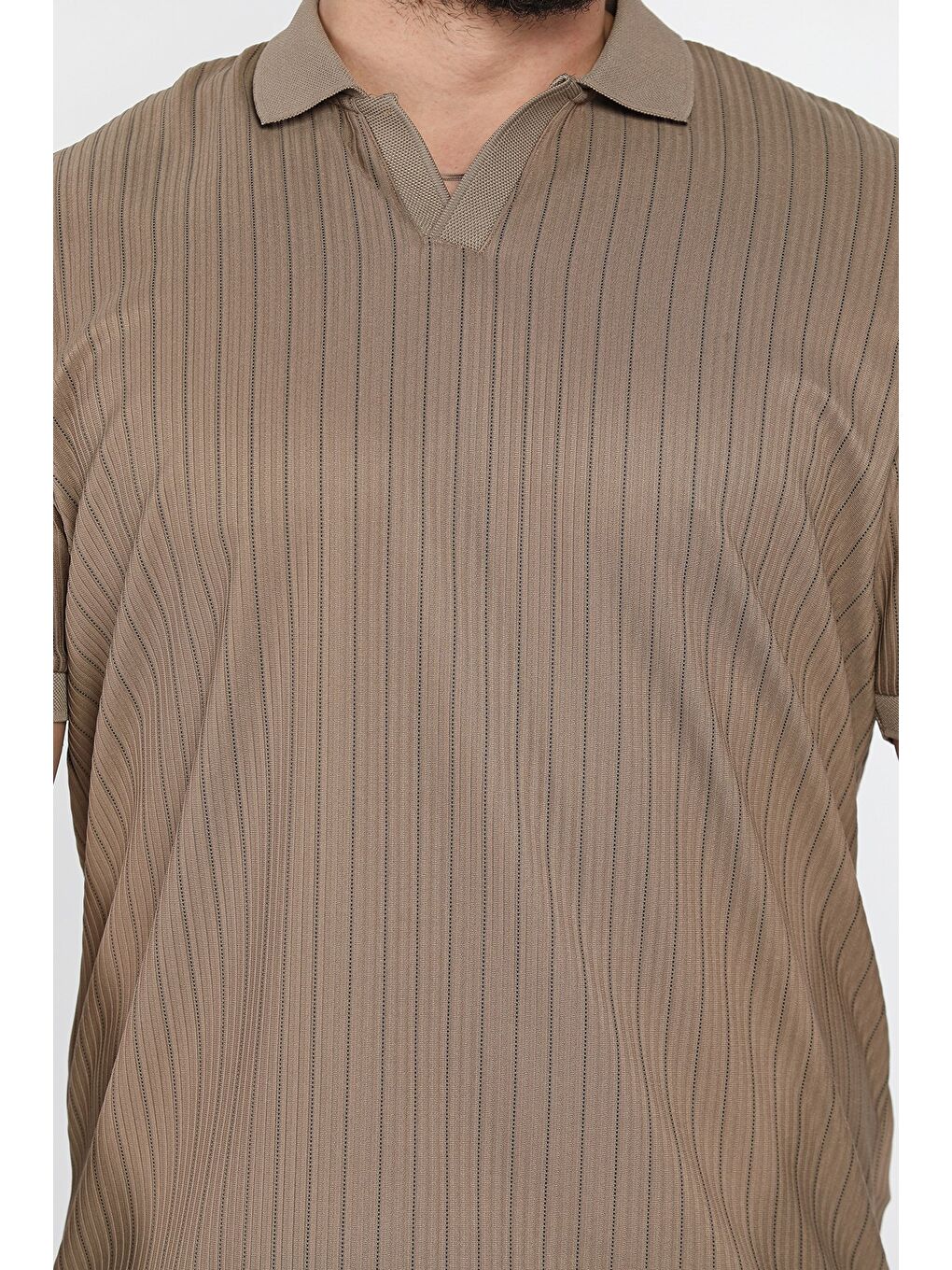 Bej Polo Yaka Jakarlı Erkek Tişört-3