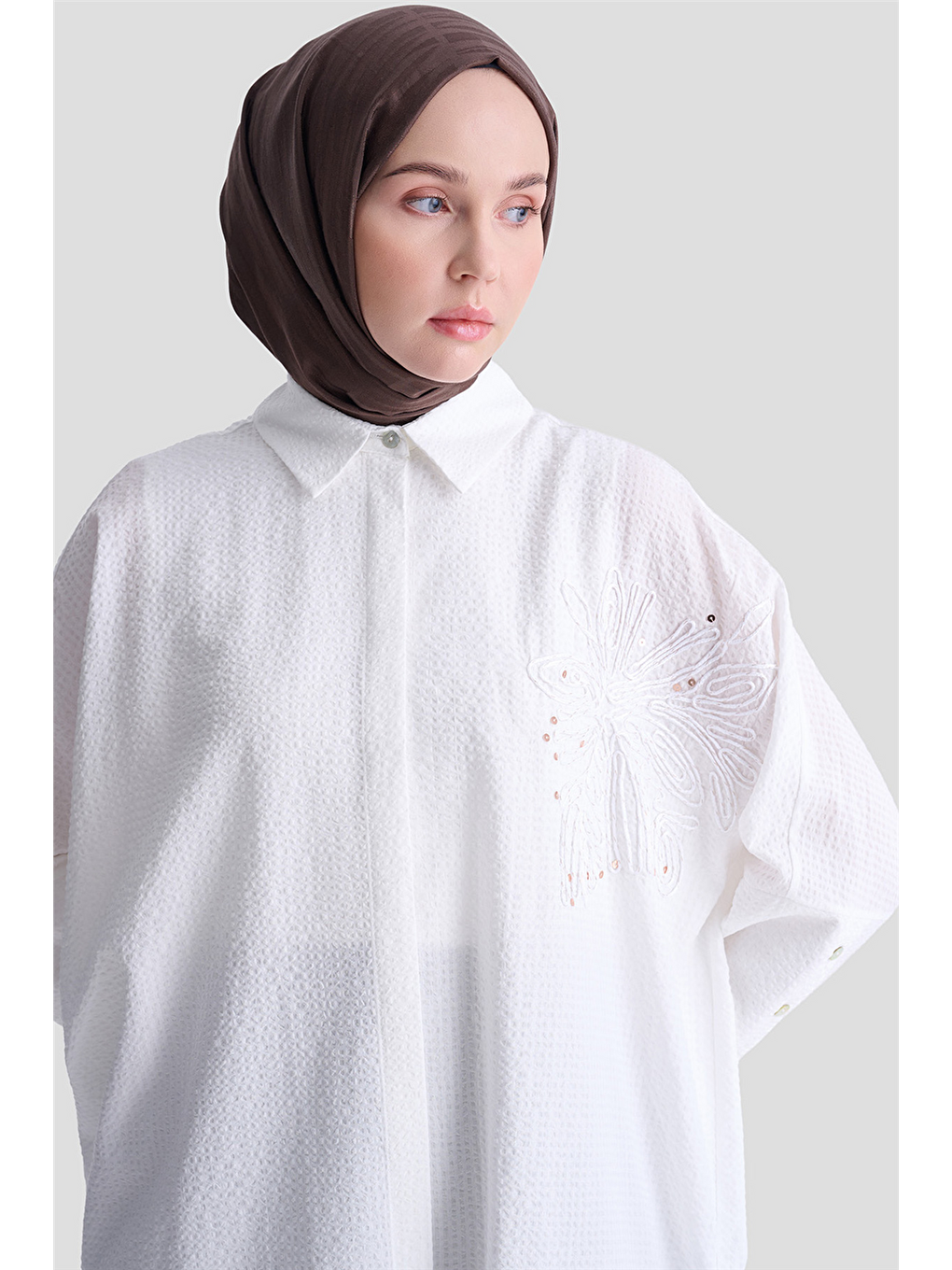 Pamuk Karışımlı Nakışlı Tunik Ekru-3
