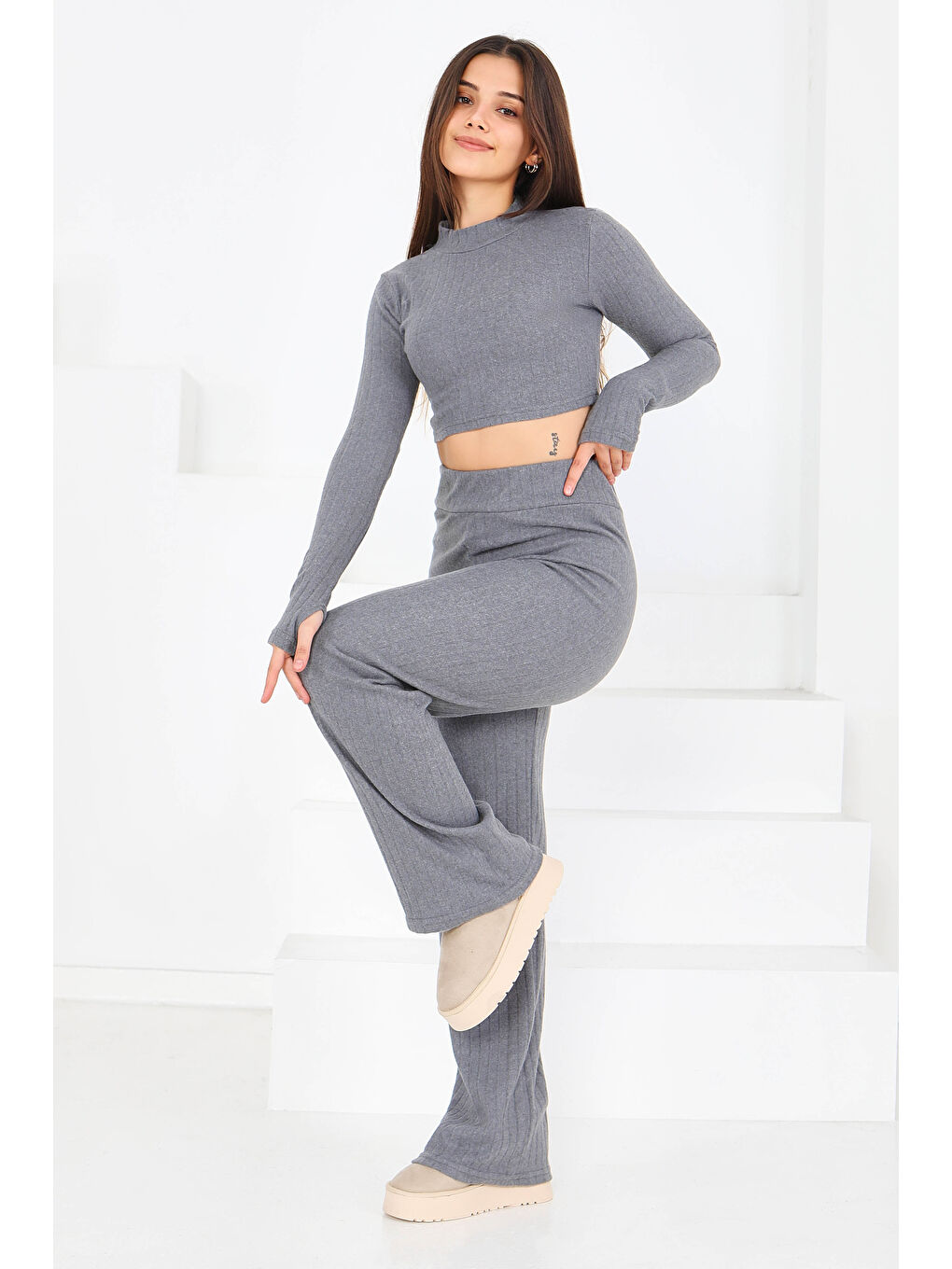 Gri Parmak Geçmeli Kaşkorse İkili Takım Füme - 27820-FUME-1