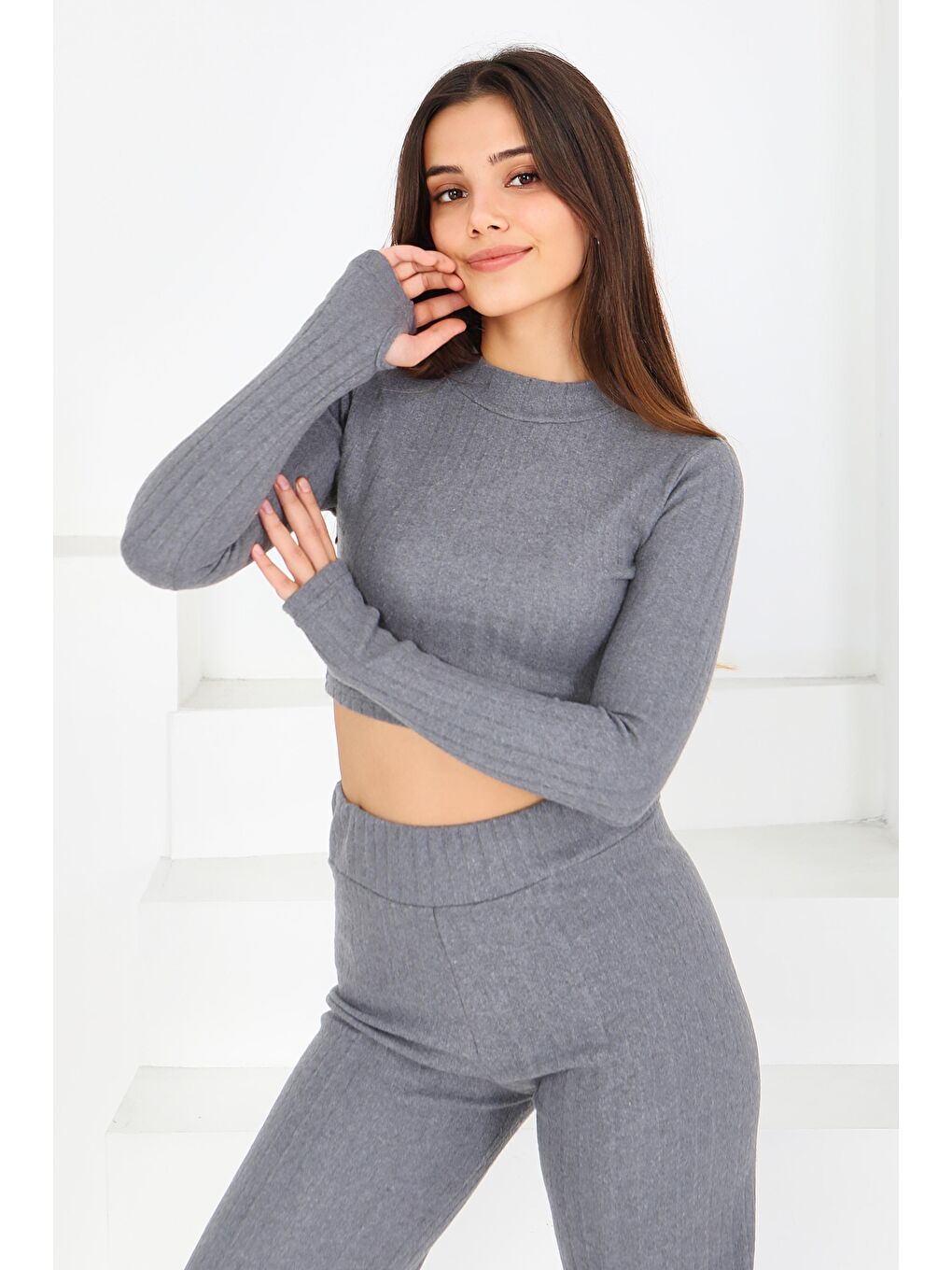 Gri Parmak Geçmeli Kaşkorse İkili Takım Füme - 27820-FUME-3