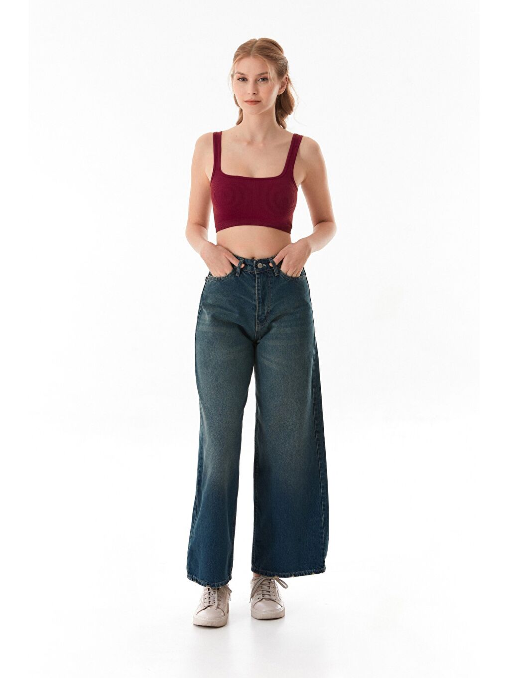 Mavi Yüksek Bel Fermuarlı Baggy Jean-1