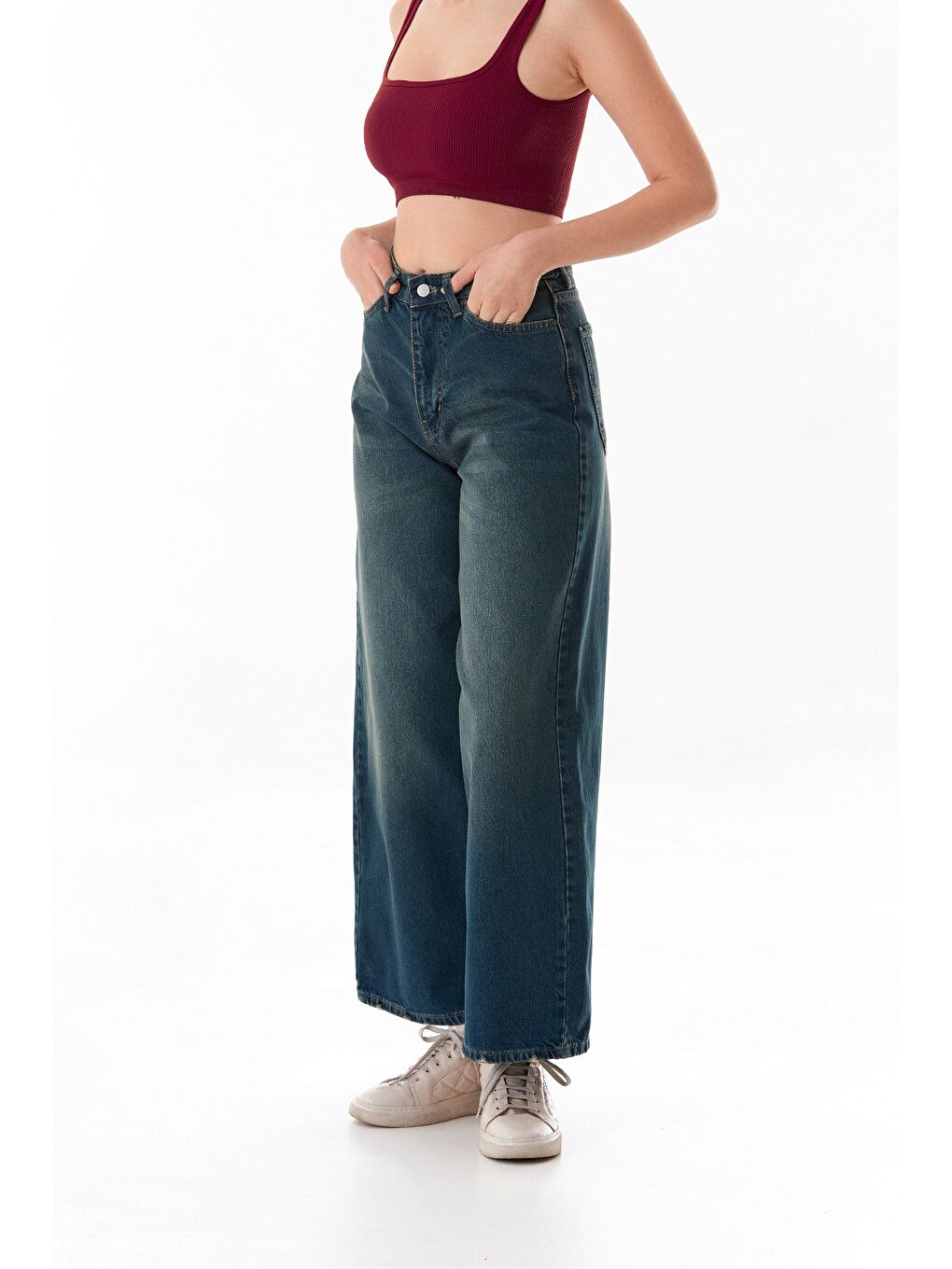 Mavi Yüksek Bel Fermuarlı Baggy Jean-2