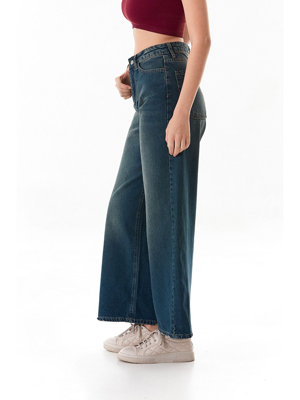 Mavi Yüksek Bel Fermuarlı Baggy Jean-3