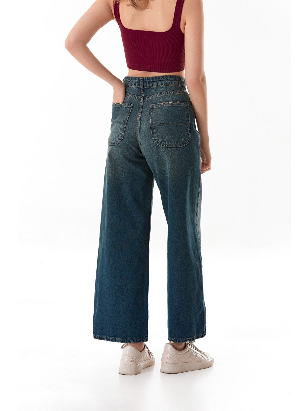 Mavi Yüksek Bel Fermuarlı Baggy Jean-4