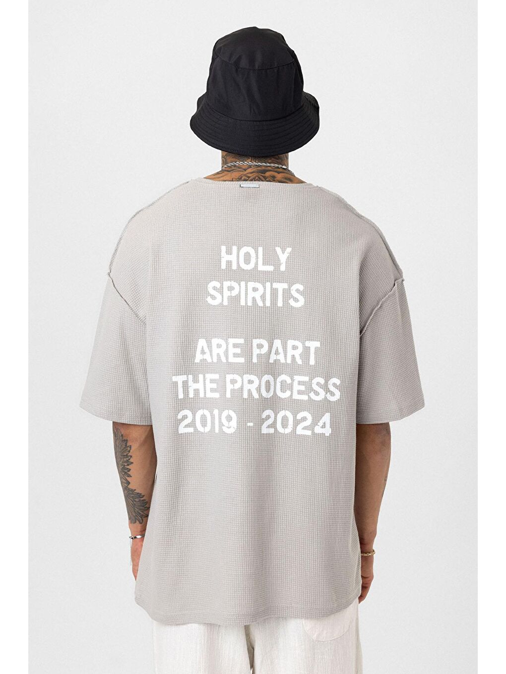 Arka Yazı Baskılı Oversize Triko Tişört Gri-4