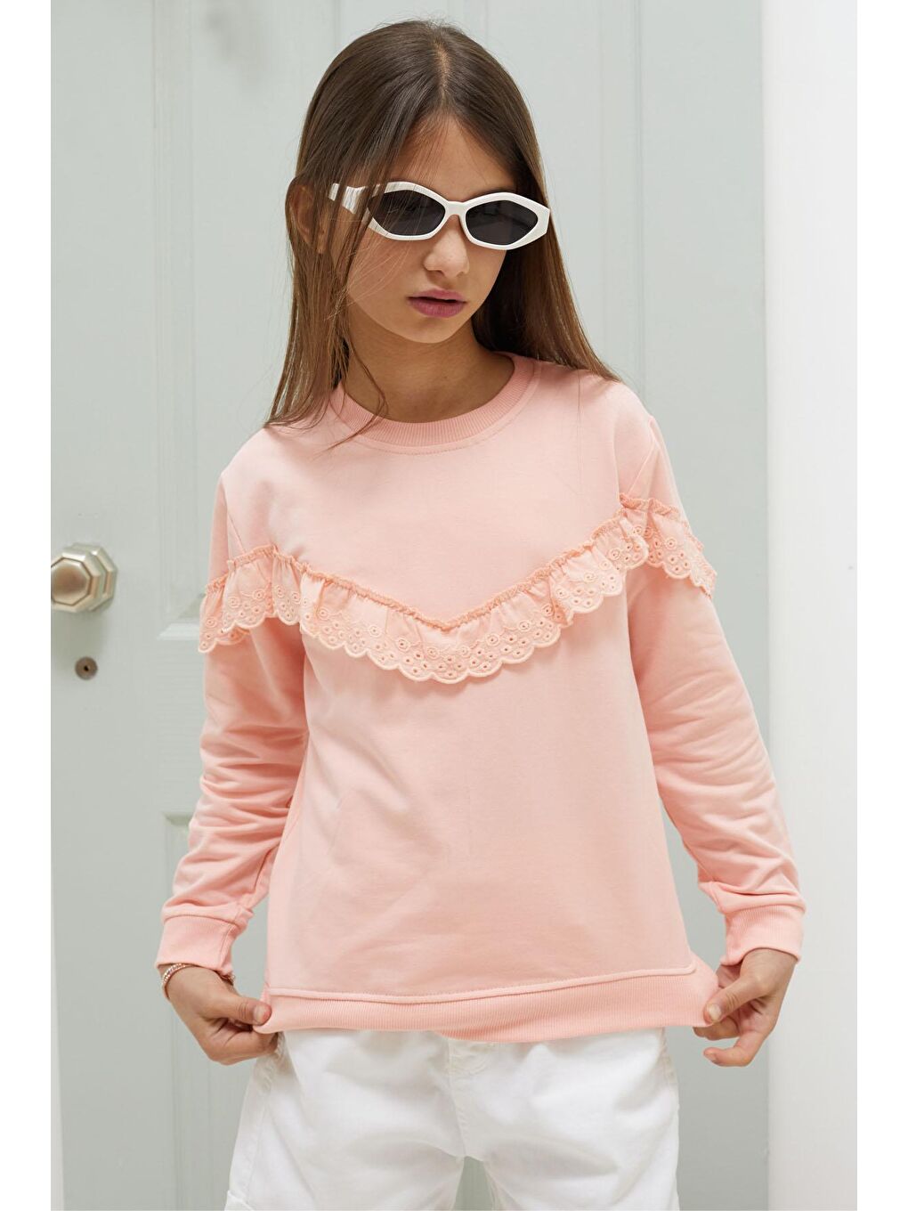 Pembe Life Kids Club Somon Dantel Detaylı Bisiklet Yaka Kız Çocuk Sweatshirt 18547 - 2