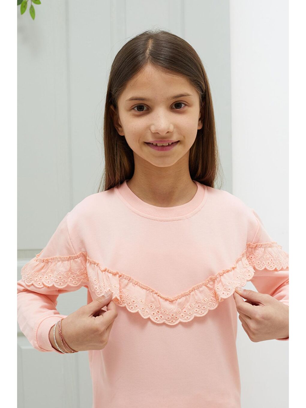 Pembe Life Kids Club Somon Dantel Detaylı Bisiklet Yaka Kız Çocuk Sweatshirt 18547 - 3