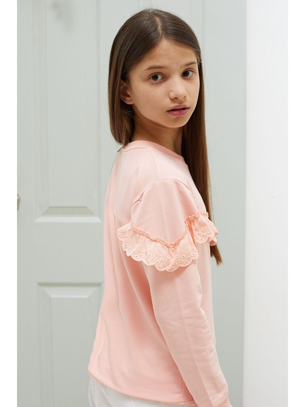 Pembe Life Kids Club Somon Dantel Detaylı Bisiklet Yaka Kız Çocuk Sweatshirt 18547 - 4