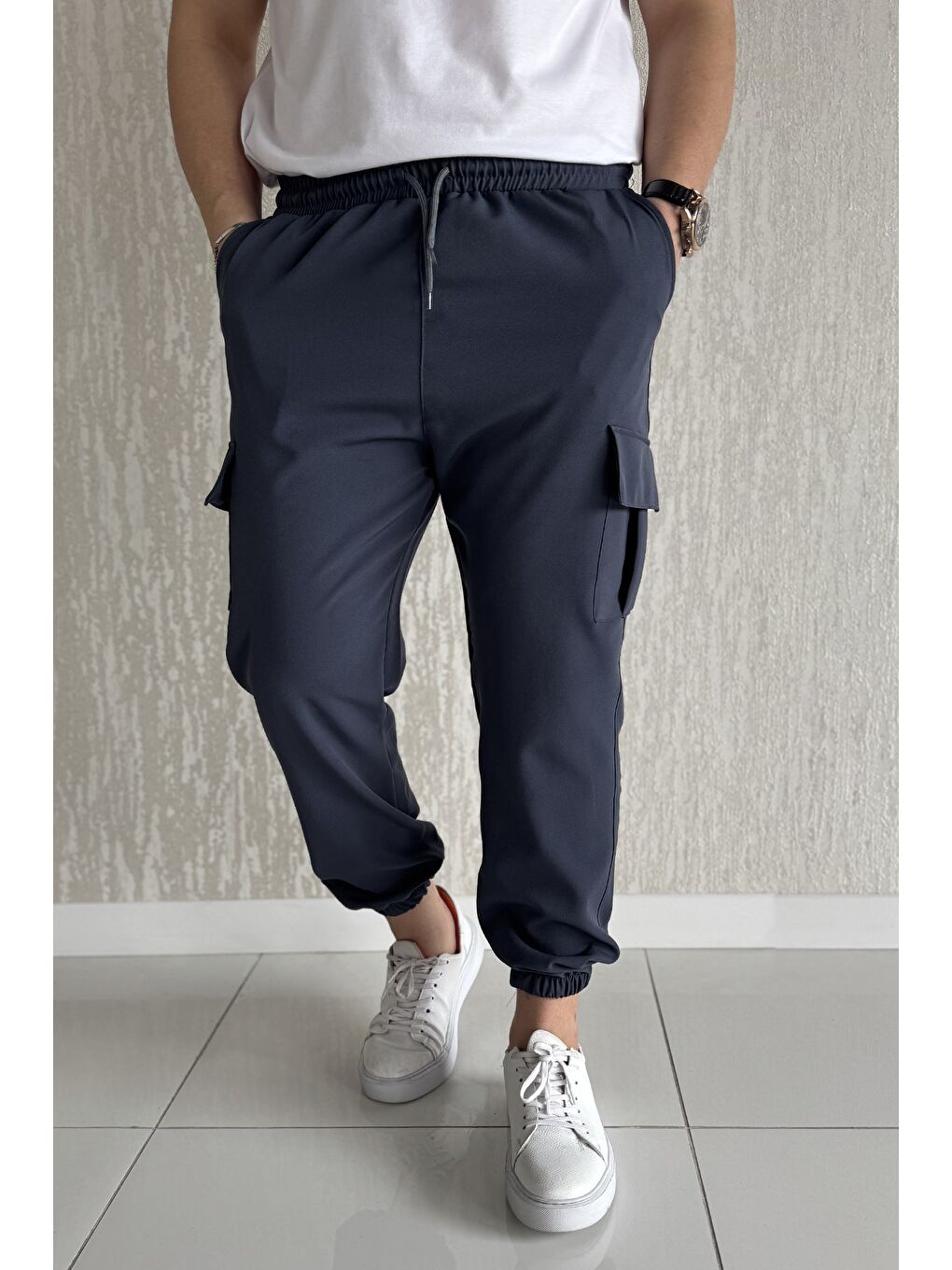 Gri Bel Bağlamalı Kargo Cepli Erkek Jogger Yürüyüş Pantolonu