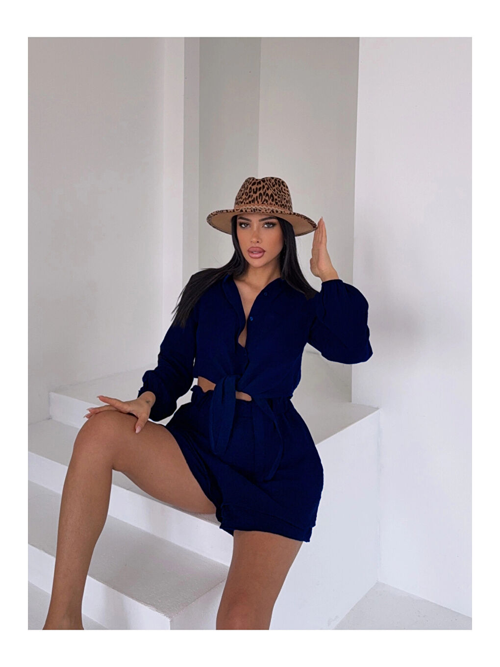 Kadın Lacivert Müslin Keten Şort Gömlek Alt Üst Takım HZL25S-DSB1012-1