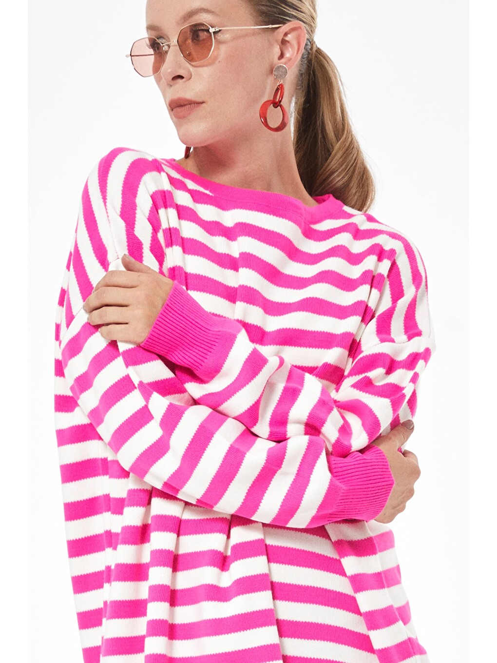 Pembe Şeritli Bisiklet Yaka Oversize Triko Kazak-1
