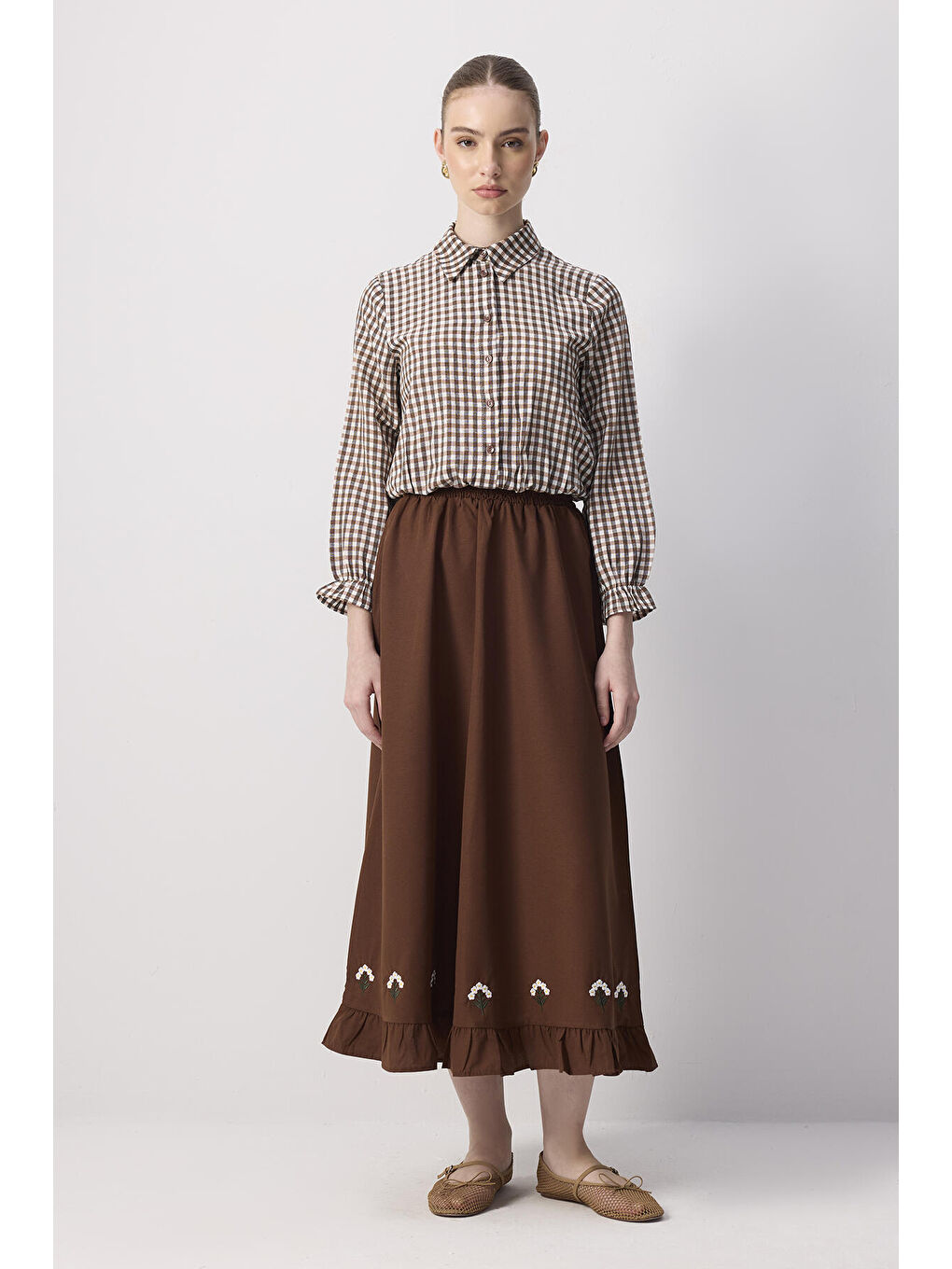 Kahverengi Ekoseli Gömlek Etek Takım