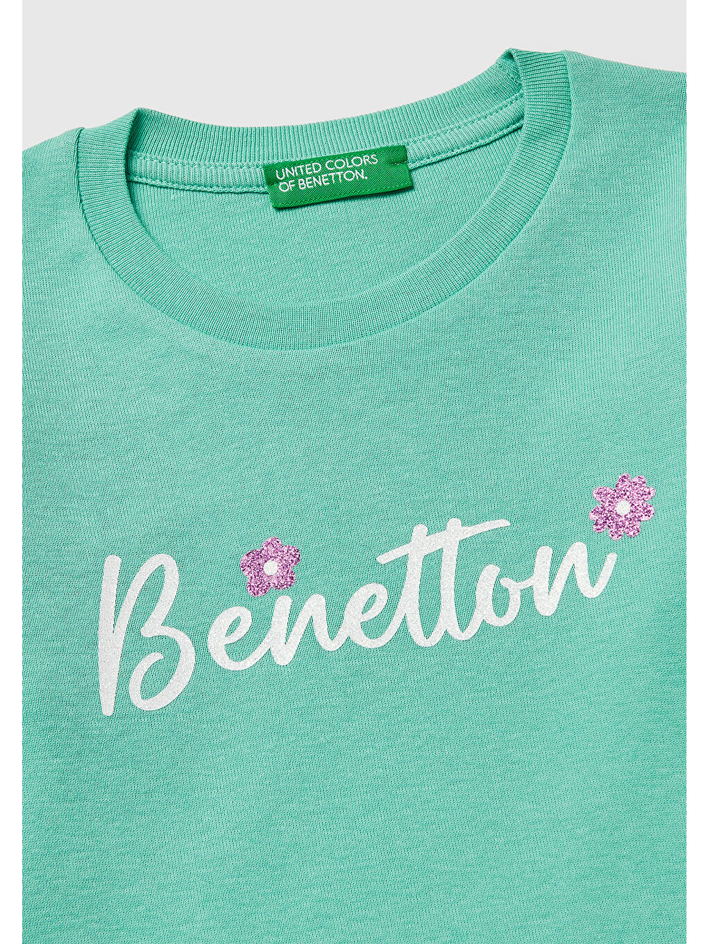 Yeşil Kız Çocuk Mint Simli Renkli Grafik Baskılı Yuvarlak Yaka Uzun Kollu T-Shirt-2