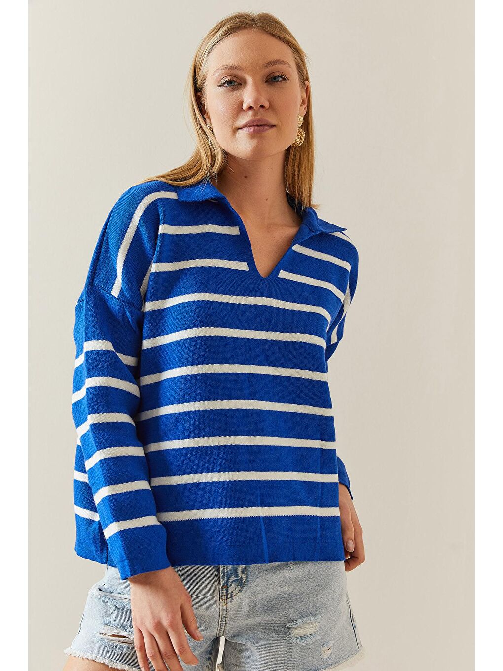 Mavi Saks Polo Yaka Çizgili Oversize Kazak 4KXK3-47818-15